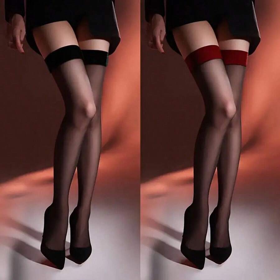 1 双女士透明大腿长筒袜 - 黑色带红色饰边，宽松舒适，超透明魅力，时尚感性风格，贴身衣物，优雅袜类，透气材质，蕾丝，时尚