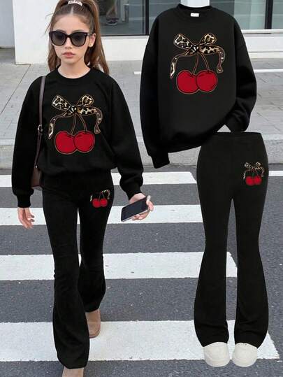 2pcs/Set Girls Sweet & Fresh Cherry Print Sweatshirt Set, Soft & Skin-Friendly, Casual Everyday Wear For Spring & Autumn