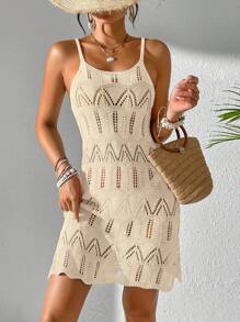 女士夏季波西米亚风沙滩度假连衣裙，撞色镂空针织吊带裙 - 杏色 - 查看 2