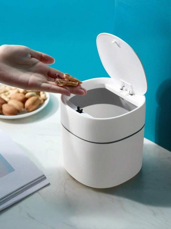 1pc Nordic Mini Desktop Trash Can, Household Kitchen Desk Paper Basket With Lid, Storage & Cleaning Bin