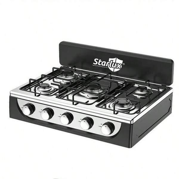 Cocina de gas de camping de sobremesa, 5 quemadores, cocina de gas de camping portátil, cocina de gas de camping de acero inoxidable, control de temperatura regulable