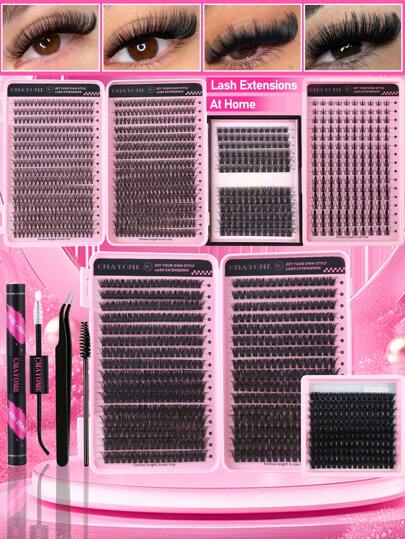 144/160/544/640pcs D Curl Lashes Clusters With Bond And Seal, Lash Brush, Tweezers For Beginner Friendly, Diy At Home Fake Eyelashes Suit, Thick Fluffy False Lashes Extensions, Individual Eyelash Thick Cluster Eyelash Extensions Curl Lashes Clusters, Suit For Different Style Eyes Makeup Beauty, For Daily,Wedding,Nigh Party, Student Back To School Eyes Makeup