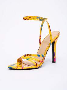 Giày sandal cao gót màu vàng lấp lánh sang trọng dành cho nữ, với nhiều quai đan chéo, mũi tròn, khóa cài, phù hợp cho các bữa tiệc và thời trang, trang phục mùa xuân hè. - Màu vàng - Xem 8