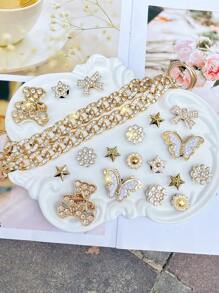 20pcs Gold Rhinestone Chain, Bear, Butterfly, Pentagram, Flower, Bow Shoe Decorative Detachable Vintage DIY Faux Pearl Flower Garden Shoe Accessories, Suitable For Holidays And Birthday Party Gifts - Gold - View 3