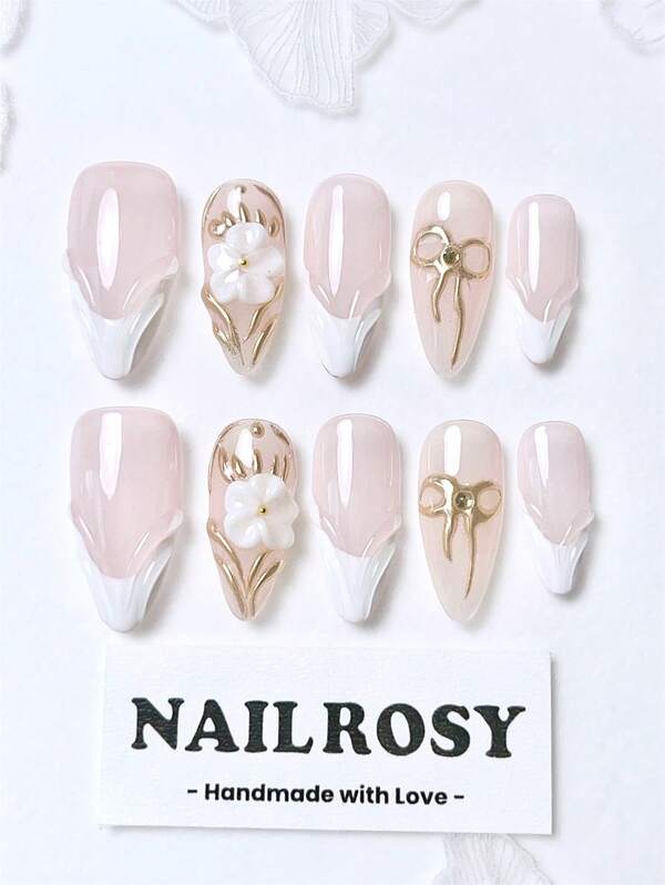 nailrosy 10片手工穿戴式假指甲組，杏仁形，粉色與銀色蝴蝶珍珠貓眼，優雅極簡老錢風，現代清新韓日風，簡約法式中性經典創意亮面閃粉漸層假指甲組
