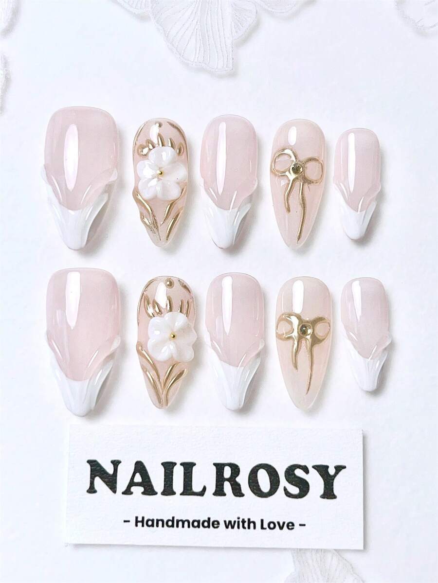 nailrosy 10片手工穿戴式假指甲組,杏仁形,粉色與銀色蝴蝶珍珠貓眼,優雅極簡老錢風,現代清新韓日風,簡約法式中性經典創意亮面閃粉漸層假指甲組 - 粉色 - 查看 1