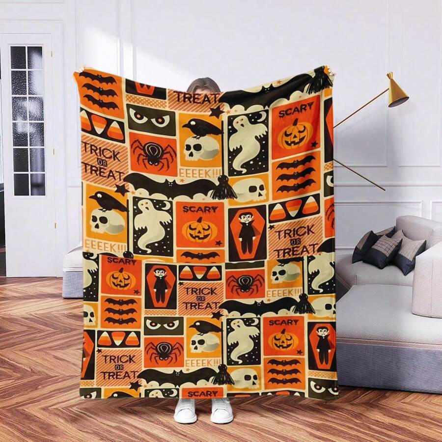 1pc Personalized Halloween Pattern Blanket - Soft, Comfortable, Lightweight & Warm Blanket - Soft, Warm, Comfortable, Suitable For Sofa, Bed, Car, Office, Camping - All Season Gift Idea Blanket