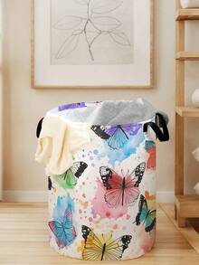 1pc Cartoon Butterfly Pattern Foldable Large Capacity Round Storage Basket With Handle, Multi-Purpose Storage Basket For Nursery, Baby Diaper, Clothes, Accessories, Collapsible Storage Box - Multicolor - View 16