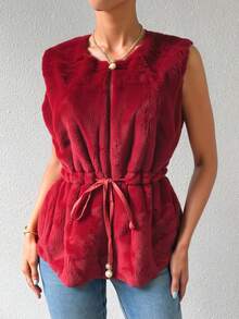Chaleco de peluche para mujer con cierre de perla y cinturón ajustable , estilo elegante y acolchado de invierno - Vino - Ver 2