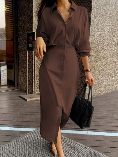 Plus Size Women's Shirt Dress, French Elegant Style With Waist Tie, Loose Top And Slim Fit Bottom, Mid-Length Collared Shirt Dress, Suitable For Daily Outings, Travel, Brunch, Tea Parties, Commute, Airport, Spring/Summer & Spring/Autumn