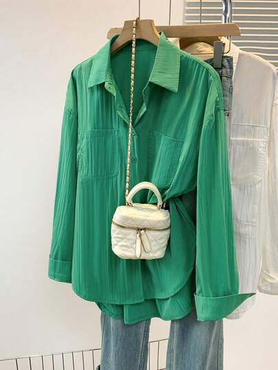 Blouse ample à manches longues pour femmes, avec poche, ourlet avant court et dos long, couleur unie avec patchwork, pour le printemps et l'automne