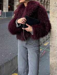 Seelio Women's Autumn/Winter Faux Fur Short Jacket, Warm, , Oversized, Fashionable, Viral New Arrival Thick Winter Coat - Burgundy - View 6