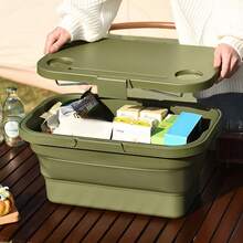 Cesta de picnic plegable de gran capacidad de 1 pieza, caja para acampar al aire libre, cubo plegable, caja de almacenamiento para acampar al aire libre con tapa, cesta de mano para frutas, cesta de almacenamiento para el maletero del automóvil - Caqui - Ver 4