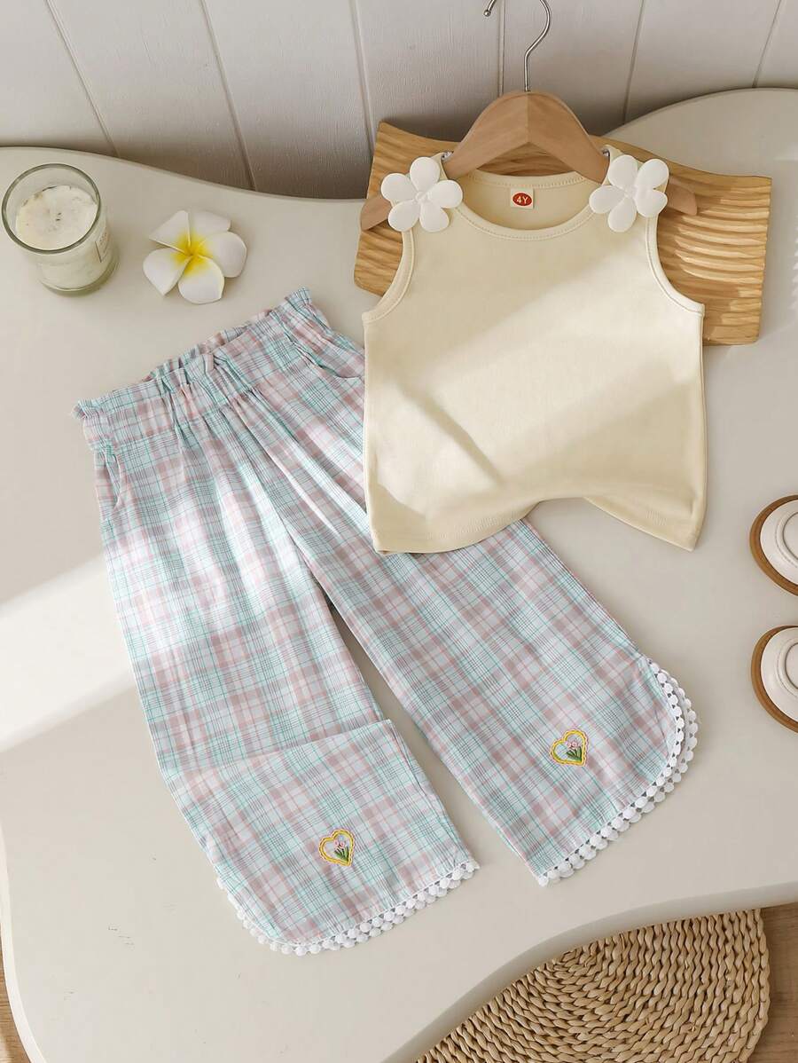 2pcs/Set Girls' Stylish 3D Floral Vest & Plaid Embroidered Capri Pants Set, Summer