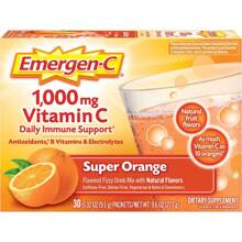 Emergen-C 1000 mg de vitamina C en polvo para el refuerzo inmunitario diario. Suplementos de vitamina C sin cafeína con zinc y manganeso, vitaminas del complejo B y electrolitos. Sabor a naranja (30 sobres).