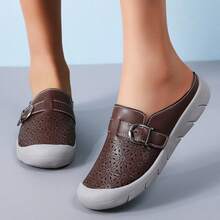 Women's Hollow-Out Buckle Flat Sandals, Casual Solid Color Slip-On House Shoes
