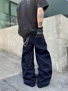 1pc Men's Vintage Washed Denim Jeans With Embroidered Thorn Design, Loose Fit Wide Leg Pants (Belt And Accessories Not Included) - Medium Wash - View 5