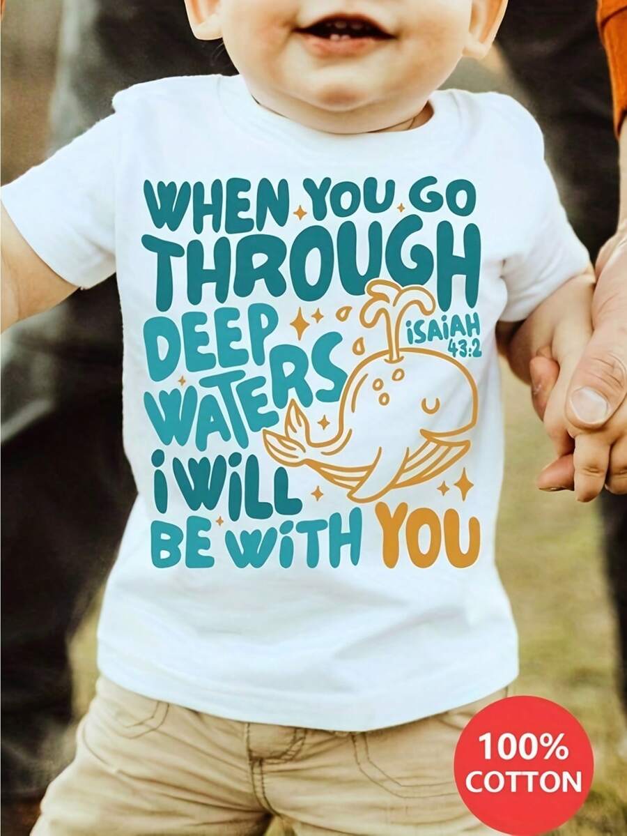 I WILL BE WITH YOU & Anime Whale Graphic Print Tee, Boys' Casual & Crew Neck Short Sleeve Cotton T-Shirt For Spring & Summer, Boys' Clothes For Outdoor Activities, Perfect For School Or Play - 白色 - 查看 1