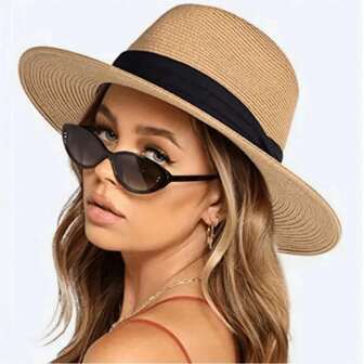 1pc Elegant Women'S Straw Hat, Korean Style Flat Top With Black Ribbon Band, Breathable & Sun Protective, Perfect For Beach Vacation, Travel, And Daily Wear - Ideal Summer Gift, Beach Accessory | Vintage Straw Hat | Sun Protection Ha