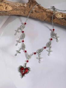 复古哥特式深色 Y2K 哥特红十字心形多层串珠项链，蝙蝠十字甜美朋克风格项链配饰女士 - 紅色 - 查看 3