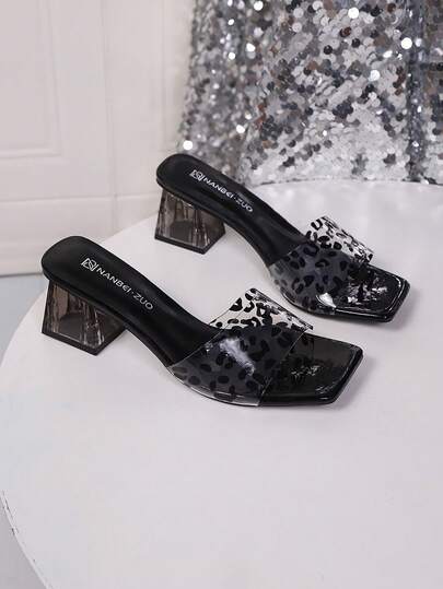 女士高跟凉鞋，百搭露趾套脚凉鞋，华丽豹纹高跟凉鞋，方头透明高跟凉鞋，夏季时尚连衣裙搭配凉鞋，法式优雅水晶高跟凉鞋