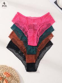 4件装性感蕾丝拼接比基尼女式内裤低腰无缝三角裤镂空舒适内衣内裤 - 彩色 - 查看 2