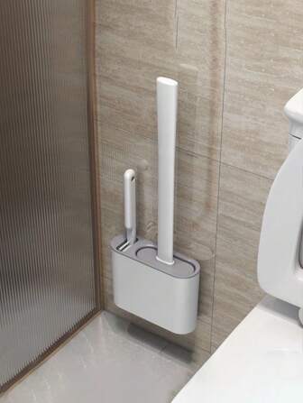 1 st 2-i-1 toalettborsteset med stativ, silikonrengöringsborste, väggmonterad toalettborste med förvaringslåda, badrumsrengöringsborste, lämplig för badrum, toalett, mors dag, påsk