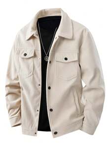 Herren einfarbige Cord-Outdoorjacke mit Knopfleiste, Langarm, für Herbst und Winter
