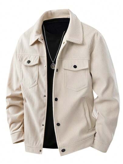 男式纯色长袖单排扣灯芯绒户外夹克，秋冬