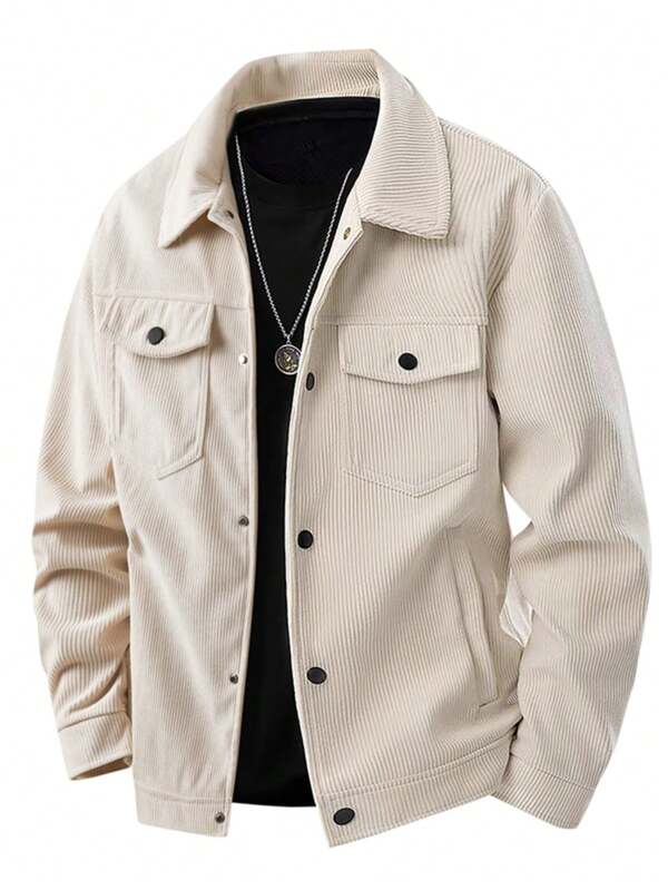Men's Solid Color Long Sleeve Single-Breasted Corduroy Outdoor Jacket , Fall Winter