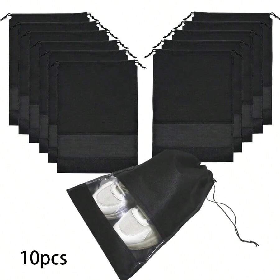 10pcs Black Shoe Organizer Home Travel Dustproof Shoe Organizer Shoe Bags Travel Dustproof Shoe Bags For Storage Transparent Shoe Bags Travel With Drawstring, Suitable For Travel Carrying, Storage Bag For School School Accessories School Stuffdorm Room Essentials Clothes Organizer Closet Organization And Storage Bedroom - Multicolor - View 1