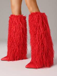 Y2k Style Women's Chic Pointed Toe Knee High Boots Fluffy Fur Chunky Heel Nightclub Party Club Shoes - 紅色 - 查看 4