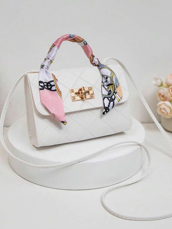 2025 New Fashion Women Handbag With Rhombus Print Scarf, Twist Lock Closure Casual Tote Bag