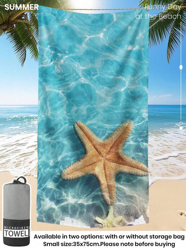 1 pièce Serviette de plage imprimée, serviette de bain à étoile de mer claire, style mode, super absorbante en microfibre douce et confortable, légère et portable, protection contre le vent et le soleil, anti-sable pour les voyages d'été, vacances, décoration de salle de bain. Disponible avec ou sans sac de rangement. Tailles recommandées : 35*75cm (petite taille), 150cm ou plus (grande taille)