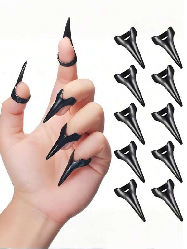 5/10pcs Finger Claws Halloween Black Cosplay Claws Rings Adjustable Open Claw Rings Full Finger Metal Nail Punk Rock Fingertip Braiding Hair Parting Tool For Cosplay, Party Decoration, Halloween Costume Accessories