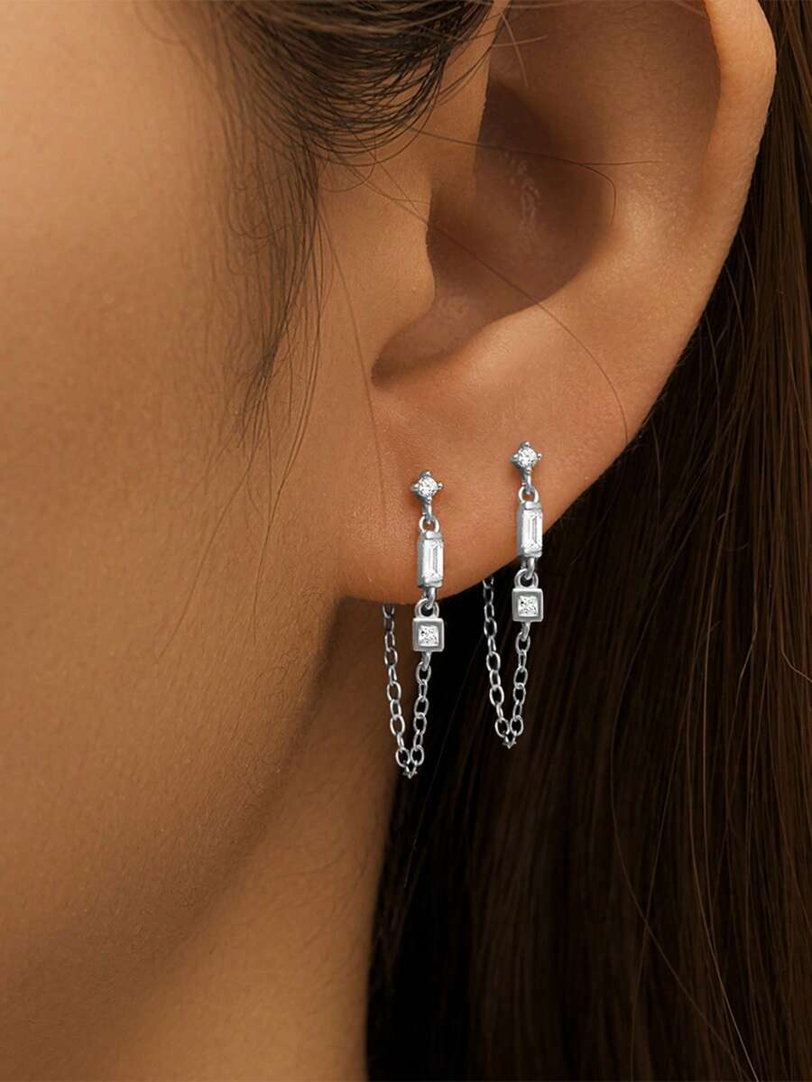 EleRunis 1对925纯银不对称耳钉，18K镀金双链流苏耳环，适合女性日常佩戴、婚礼、派对、订婚、周年纪念、情人节及其他场合。