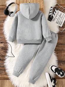 Young Boy Slogan Graphic Print Warm Hoodie And Sweatpants Set - Grey - View 2