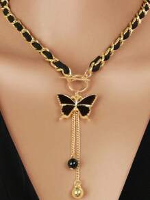 1 件简约黑色五角星、蝴蝶、心形天鹅绒颈链，带球形吊坠和流苏编织长项链，是送给女友的完美礼物，适合日常佩戴、婚礼和派对