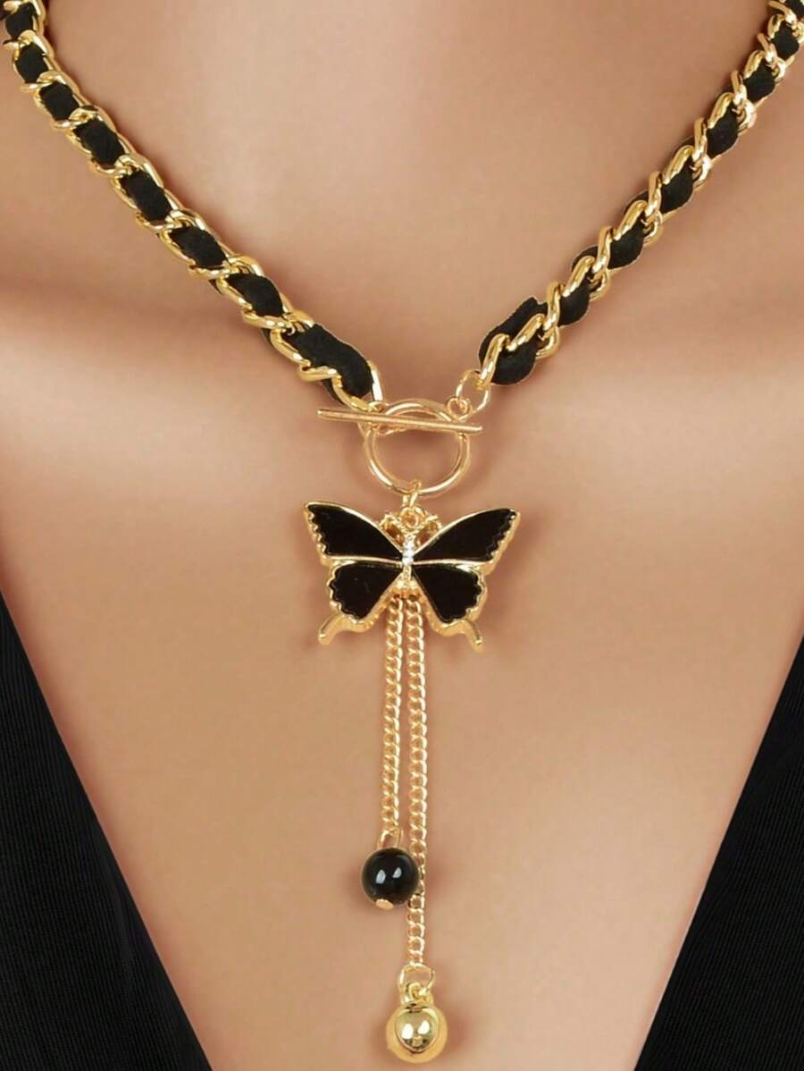 1 件简约黑色五角星、蝴蝶、心形天鹅绒颈链，带球形吊坠和流苏编织长项链，是送给女友的完美礼物，适合日常佩戴、婚礼和派对