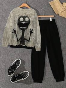 Conjunto de sudadera y pantalón de chándal con estampado de dibujos animados para hombre, look casual y deportivo de moda para otoño - Multicolor - Ver 3