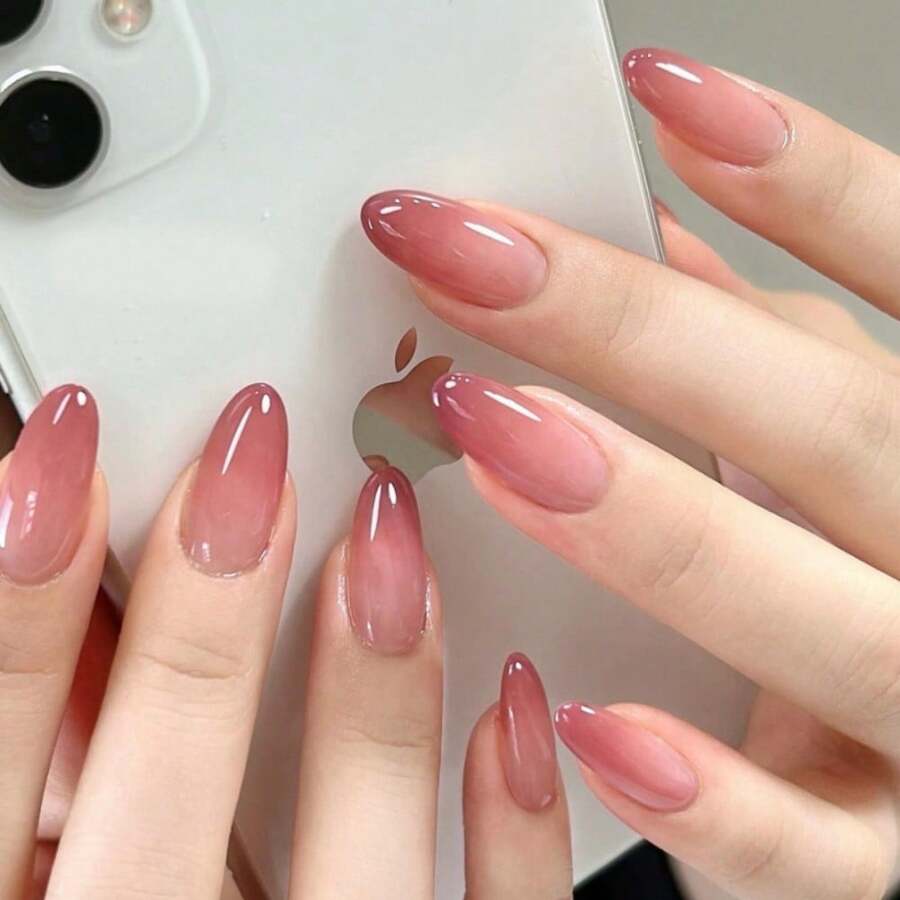 Gradient Press On Nails Almond Fake Nails Artificial Nails Pink Gradient False Nails Cute Designs Glossy Glue On Nails For Women - Hồng - Xem 1