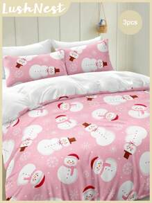 圣诞床上用品套装 粉色雪花圣诞羽绒被套装 圣诞可爱圣诞雪人印花 3 件套 圣诞房间装饰 被套 柔软超细纤维羽绒被套 适合男孩女孩 2 个枕套 无被子 圣诞节礼物