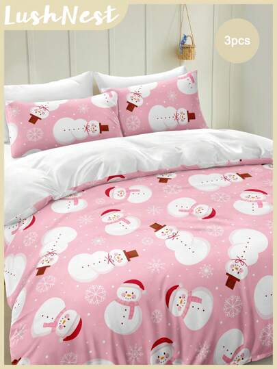 圣诞床上用品套装 粉色雪花圣诞羽绒被套装 圣诞可爱圣诞雪人印花 3 件套 圣诞房间装饰 被套 柔软超细纤维羽绒被套 适合男孩女孩 2 个枕套 无被子 圣诞节礼物