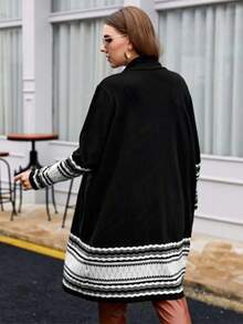 Women's Long Sleeve Open Front Casual Wavy Striped Contrast Color Knit Cardigan