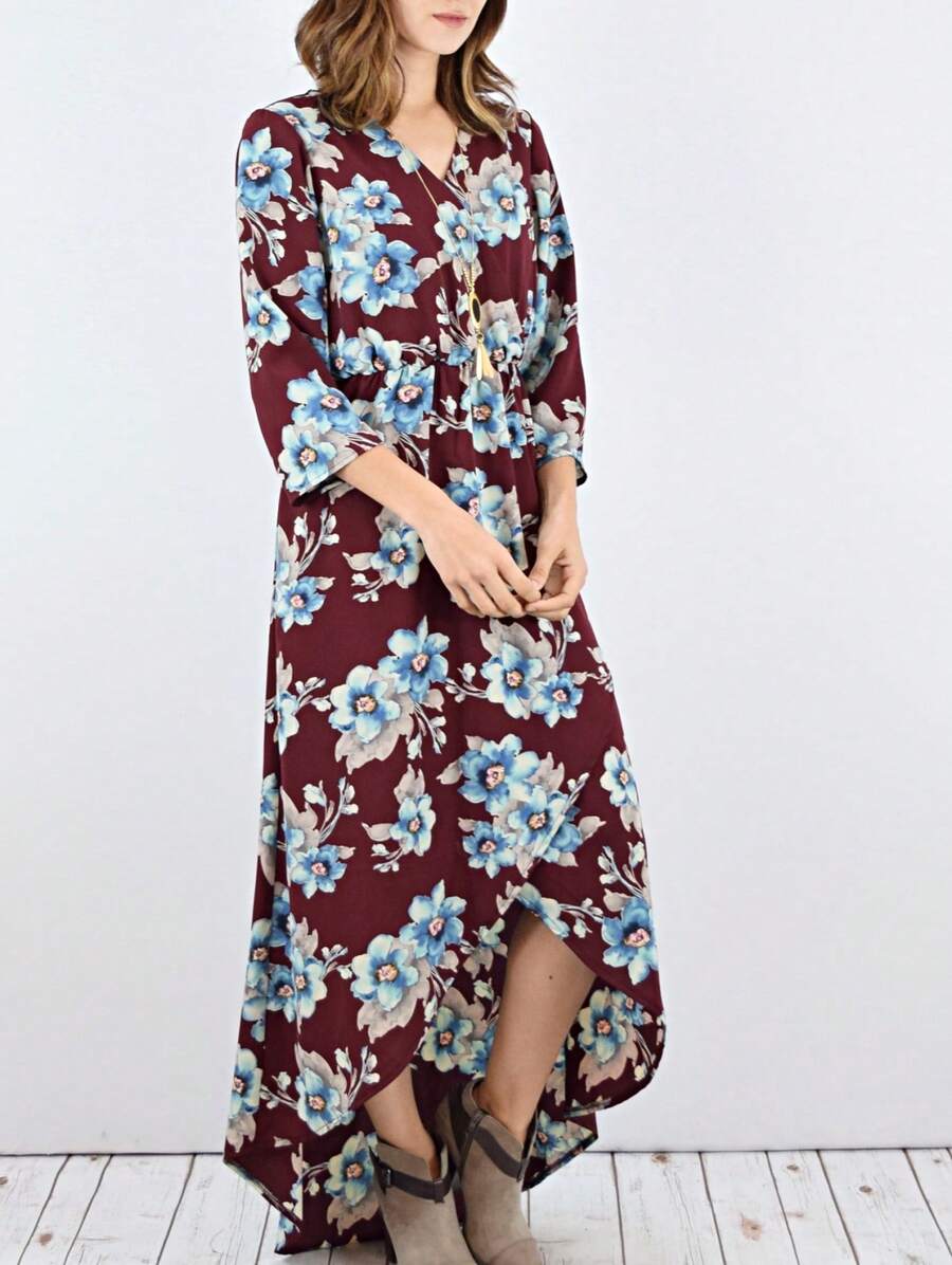 Boho Retro Polka Dot Rayon Mix Casual  Maxi Dress With Folded Cap Sleeve Side Pockets Versatile Summer Dress For Women - 酒紅色 - 查看 1