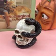 1pc New Creative Halloween Snake Wrapped Skull Decor, Spooky Resin Craft Ornament For Indoor/Outdoor Holiday Decoration