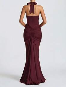红色深V领露背紧身派对夜店连衣裙，优雅独特的冬季圣诞礼服，适合婚礼和春季穿着。 - 酒紅色 - 查看 3