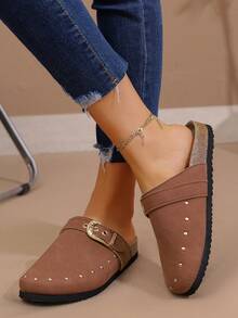 Women's Plus Size Slip-On Mule Slippers, Fashion Versatile Rivet Decor Flat Loafers, Fall, Autumn, Spring/Summer - Camel - View 5