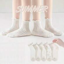 5 perechi de șosete subțiri pentru fete, asortate, primăvară/vară, șosete pentru copii cu volane, șosete scurte din plasă albe pentru bebeluși, vară