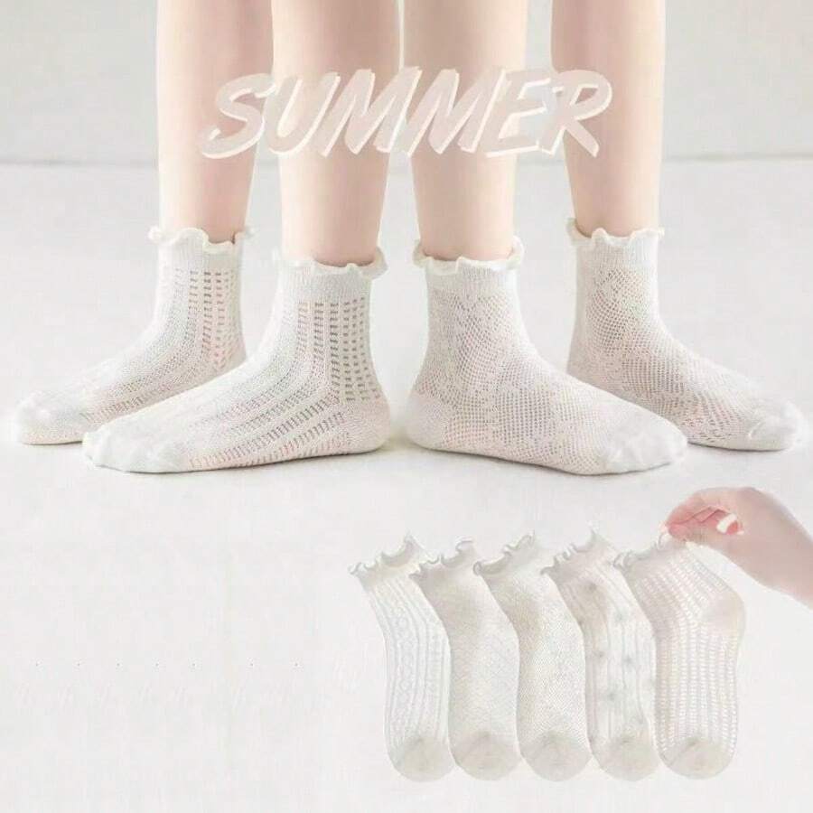 5 perechi de șosete subțiri pentru fete, asortate, primăvară/vară, șosete pentru copii cu volane, șosete scurte din plasă albe pentru bebeluși, vară
